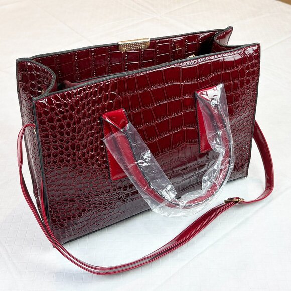 Burgundy and Red Faux Crocodile Embossed patent leather top handle Crossbody Bag - Picture 4 of 16